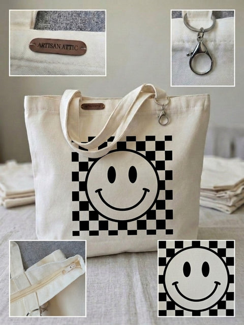 Retro Smiley Zippered Tote Bag