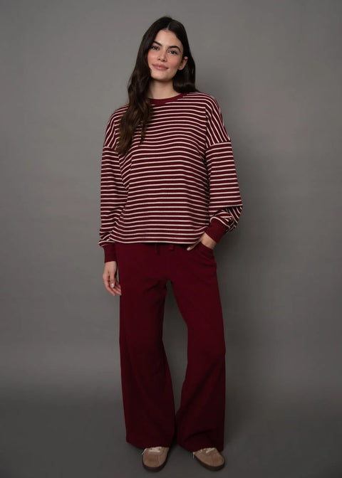 Colbert Striped Cozy Waffle Top - Burgundy