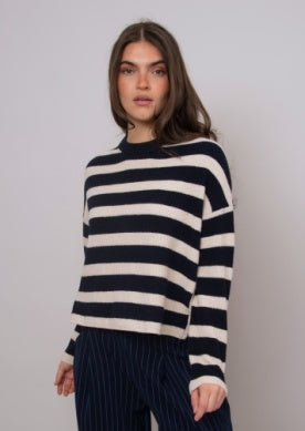 Maheen Stripe Crew Neck Sweater - Navy