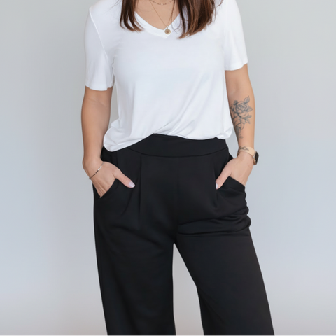 Priv LuxeFlow Trouser Pant - Pleated Pull-On Wide Leg Pant Black