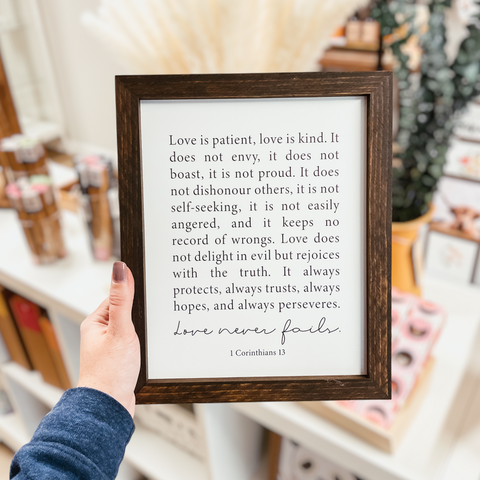 Knotty Design | Love Never Fails Framed Wood Sign, The Local Space, Local Canadian Brands