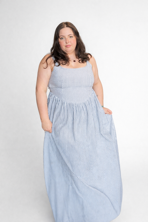 Priv Jules Tie Back Dress in Crepe Bengal Stripe – Open Back Midi Dress Black & White