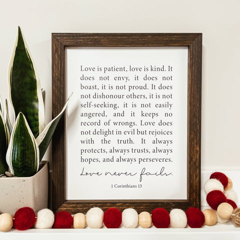 Knotty Design | Love Never Fails Framed Wood Sign, The Local Space, Local Canadian Brands