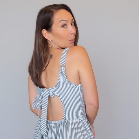 Priv Jules Tie Back Dress in Crepe Bengal Stripe – Open Back Midi Dress Black & White