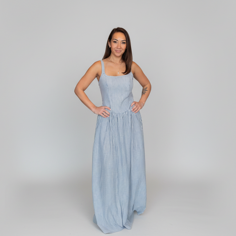 Priv Jules Tie Back Dress in Crepe Bengal Stripe – Open Back Midi Dress Black & White