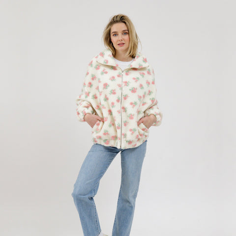 Floral Sherpa Jacket | White & Pink