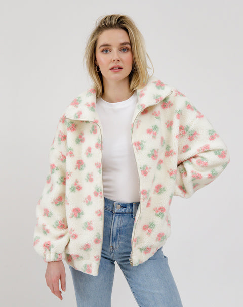 Floral Sherpa Jacket | White & Pink