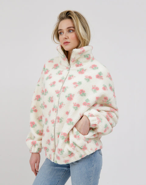 Floral Sherpa Jacket | White & Pink