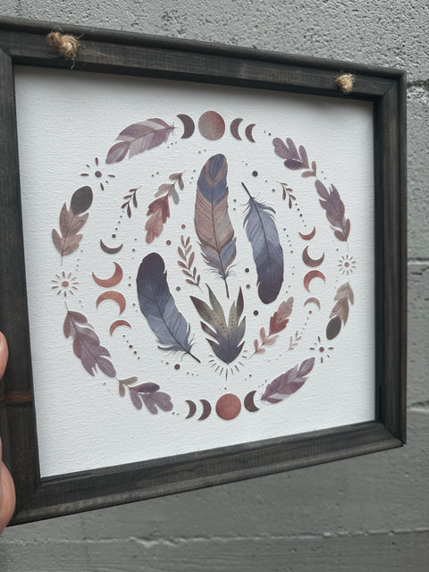 Feathers & Moon Phases Canvas Wood Frame Sign
