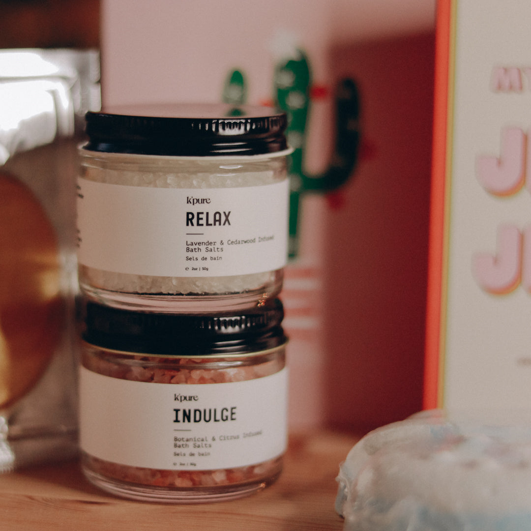 Relax and Indulge bath salt jars, stocking stuffers from Canadian brands