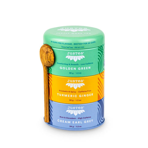 JusTea - Assorted Trio Tin & Spoon - Organic Black, Green, Herbal Tea - The Local Space