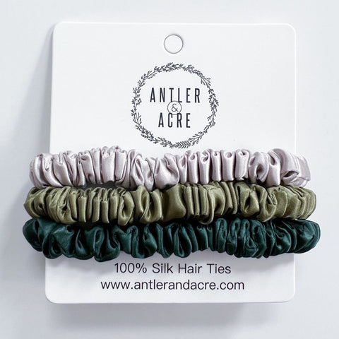 Antler and Acre Micro Silk Scrunchie Trio small silk hair scrunchies - The Local Space