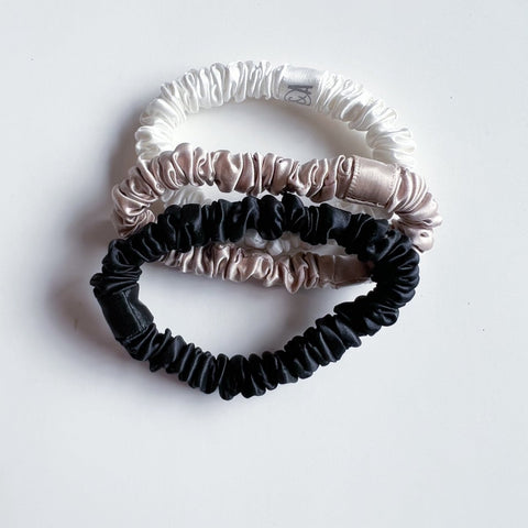 Antler and Acre Micro Silk Scrunchie Trio small silk hair scrunchies - The Local Space