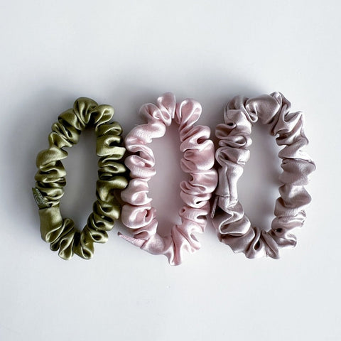 Antler and Acre Micro Silk Scrunchie Trio small silk hair scrunchies - The Local Space