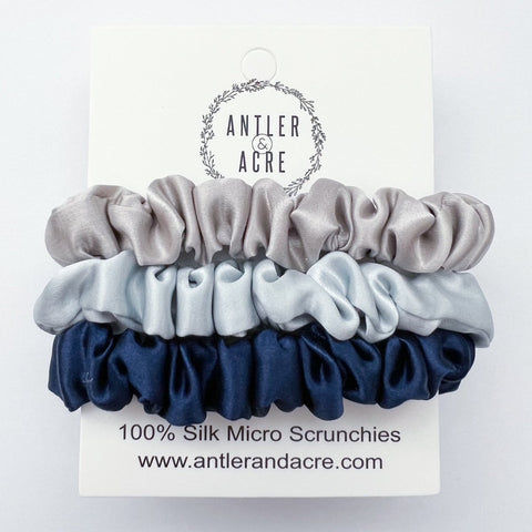 Antler and Acre Micro Silk Scrunchie Trio small silk hair scrunchies - The Local Space