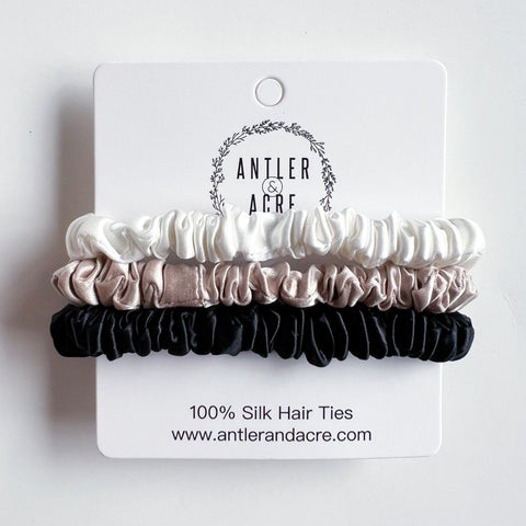 Antler and Acre Micro Silk Scrunchie Trio small silk hair scrunchies - The Local Space