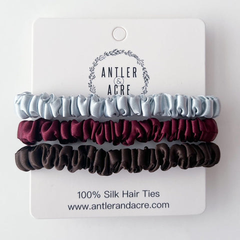 Antler and Acre Micro Silk Scrunchie Trio small silk hair scrunchies - The Local Space