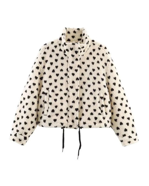 Cleo Plush Teddy Coat - Heart Print
