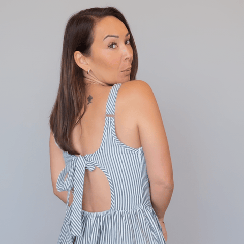 Priv Jules Tie Back Dress in Crepe Bengal Stripe – Open Back Midi Dress Black & White - The Local Space