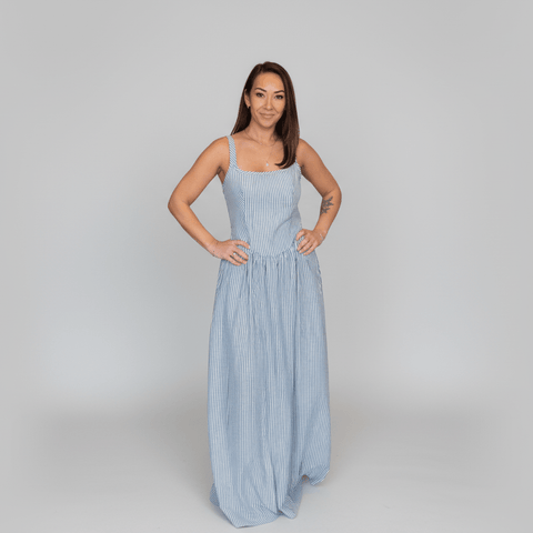 Priv Jules Tie Back Dress in Crepe Bengal Stripe – Open Back Midi Dress Black & White - The Local Space