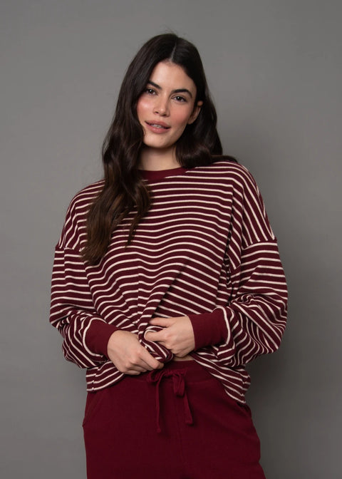 Colbert Striped Cozy Waffle Top - Burgundy