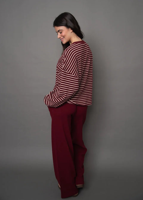 Colbert Striped Cozy Waffle Top - Burgundy