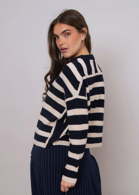 Maheen Stripe Crew Neck Sweater - Navy