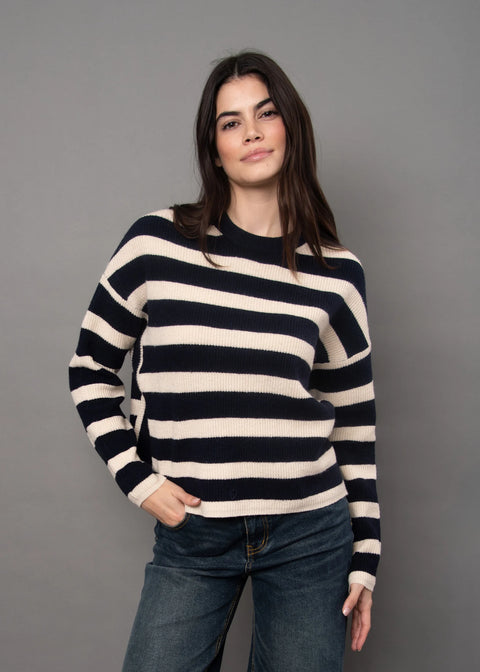Maheen Stripe Crew Neck Sweater - Navy