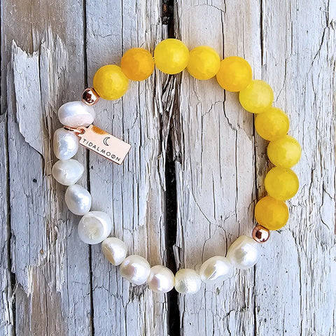 Tidal Moon Solar Plexus Chakra Bracelet - Beeswax Jade + Pearl - The Local Space