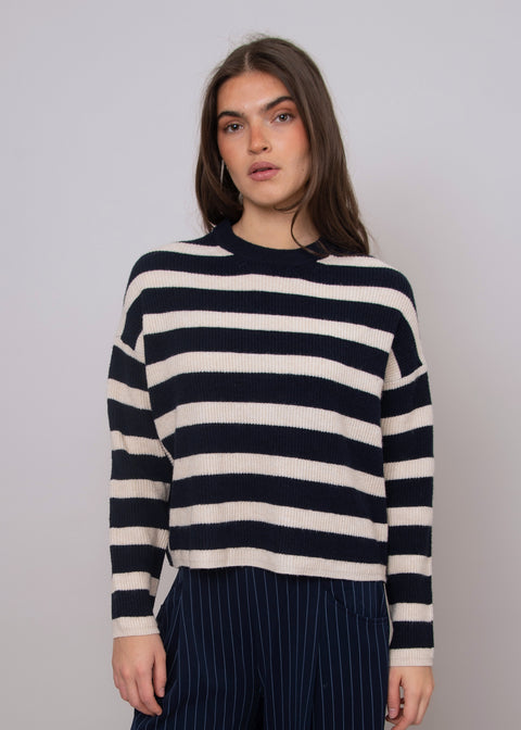 Maheen Stripe Crew Neck Sweater - Navy