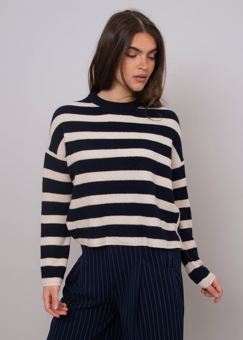 Maheen Stripe Crew Neck Sweater - Navy